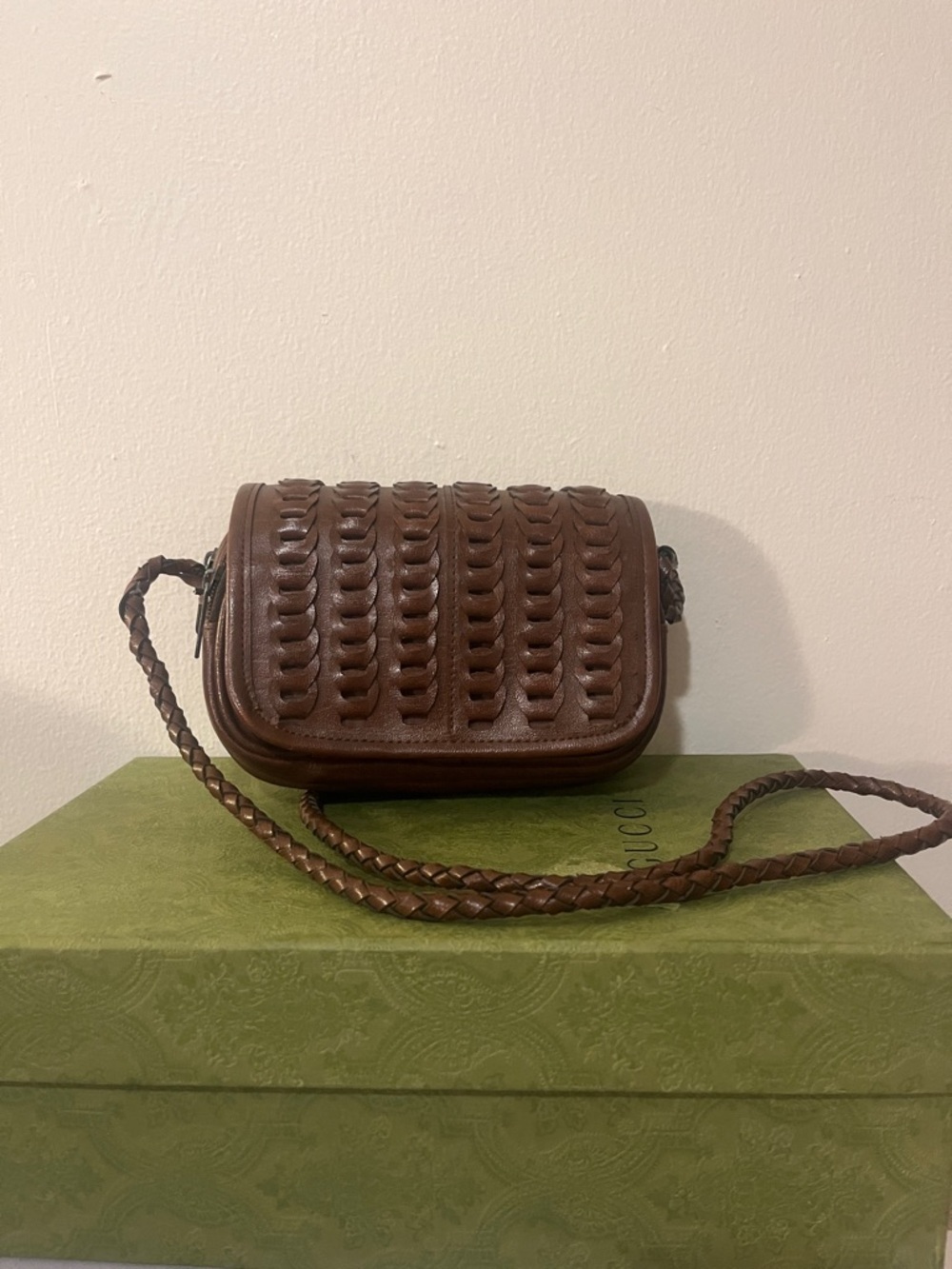 Woven Leather dark brown crossbody mini bag - Picture 1 of 7